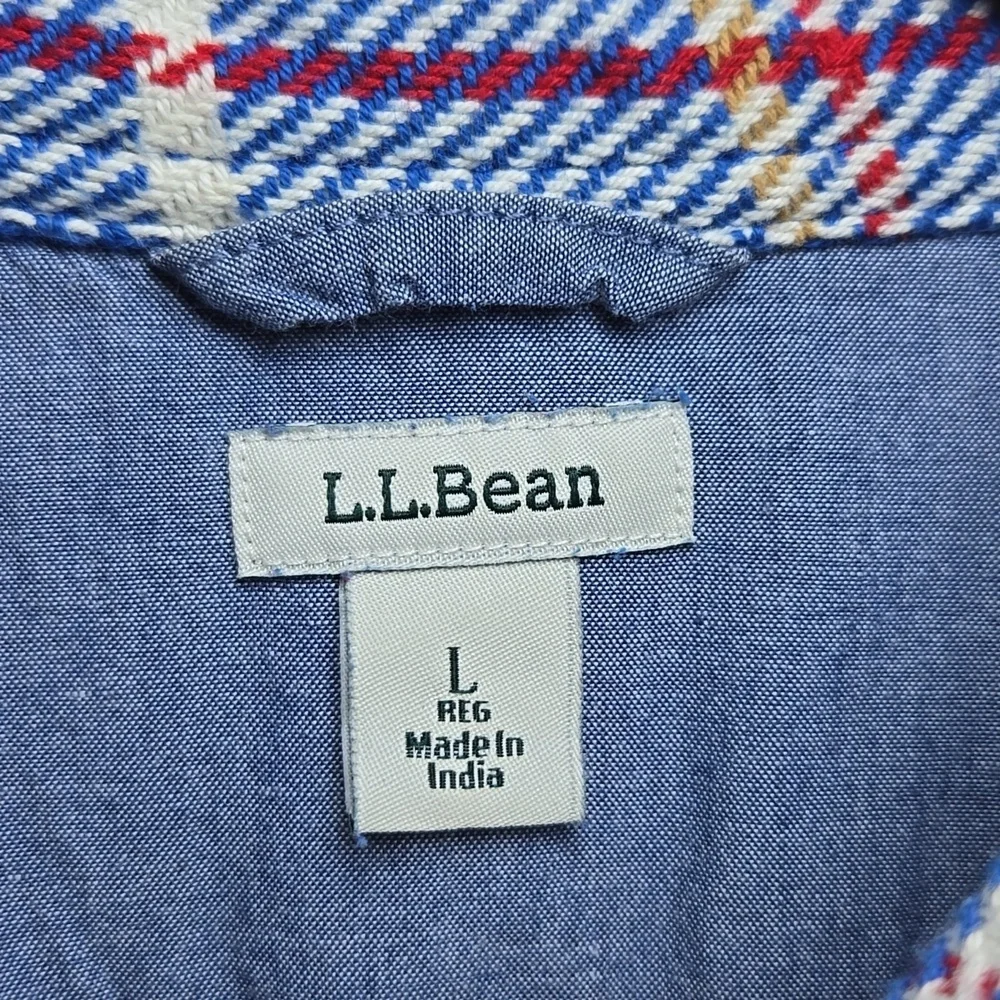 L.L. Bean Blue Plaid Button Front Knit Cotton Pocket Shirt Shacket NWOT